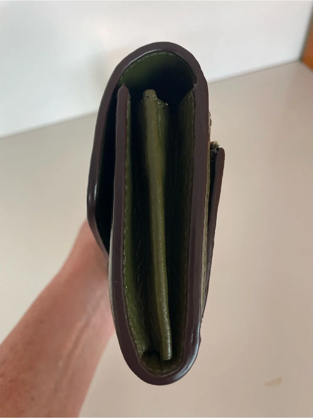 kate spade Olive Green Pebbled Leather Mini Wallet with Gold Hardware